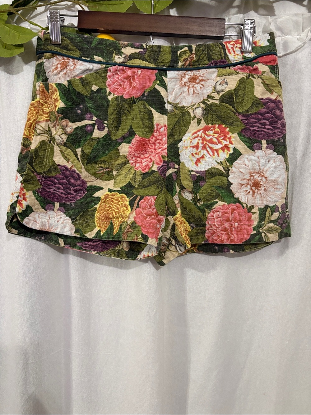 elevenses Anthropologie Floral High-Waist Cotton Blend Shorts Green Multi size 4
